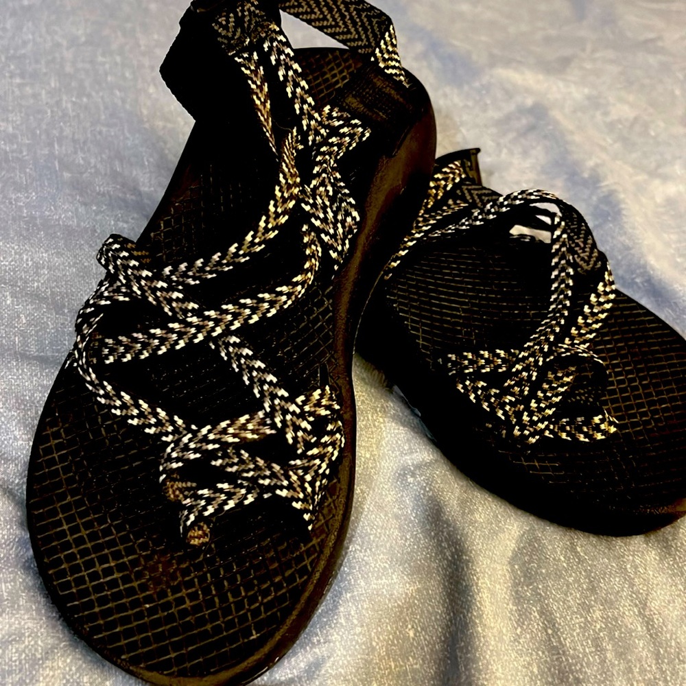 Black and white Chacos sandals. Used but good condition